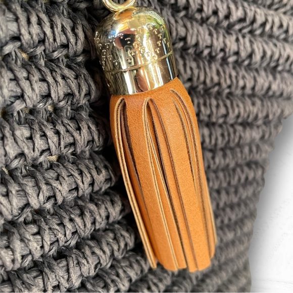 Talbots 🪢 Raffia Straw Tote Bag Navy w/ Tan Leather Straps & Tassel - Picture 3 of 14